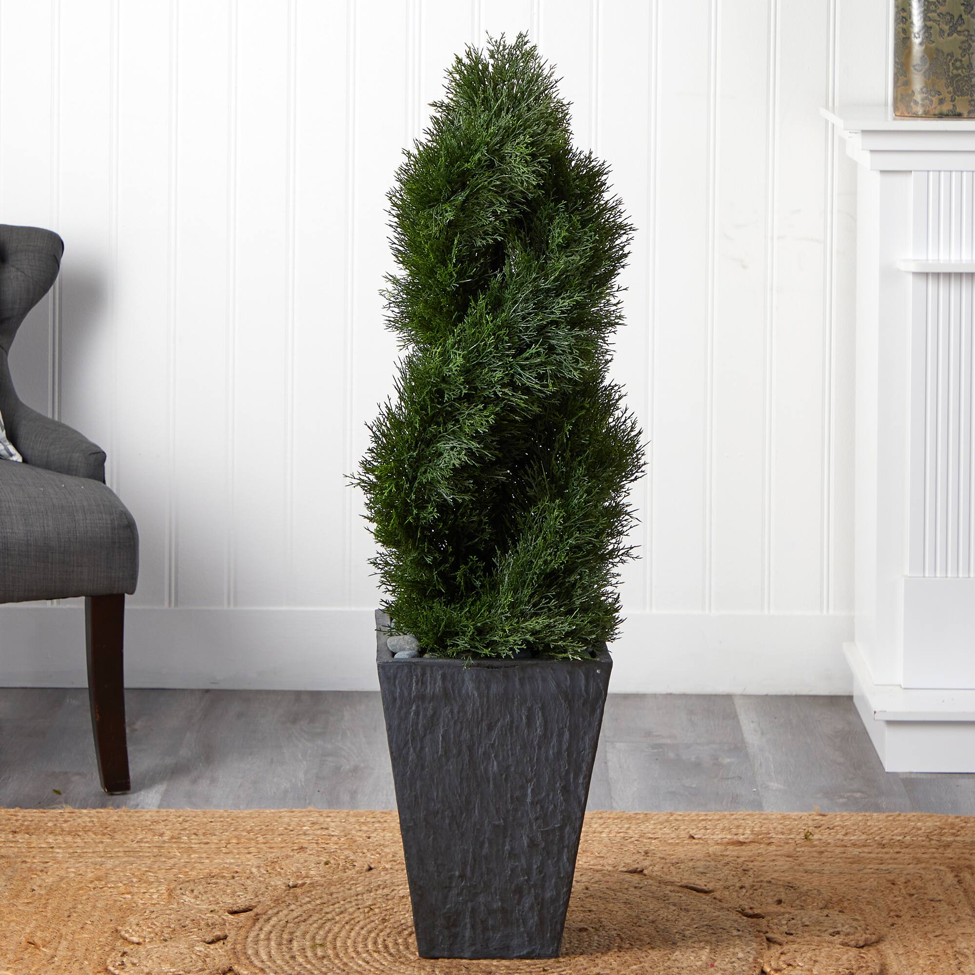 4ft. UV Resistant Cypress Double Spiral Topiary Artificial Tree in Slate Planter